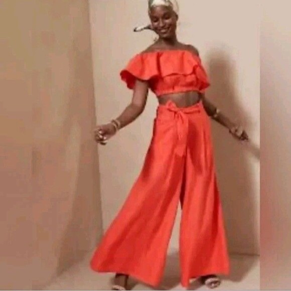 Banana Republic Linen Belted Extra Wide Leg Pants Plus Size 18 Orange Coastal - Picture 1 of 10